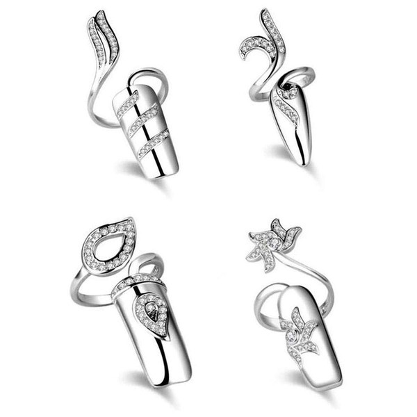 4 anillos de uñas de cristal con diamantes de imitación para manicura y dedos