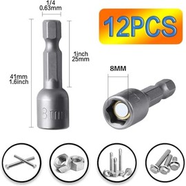 12 Pieces 8 mm Magnetic Socket Set 1/4 Inch Hex Drill Bit Set Adapter Metric Multi-Tooth Nut Set Hex Socket for Drill or Cordless Screwdriver Accessories