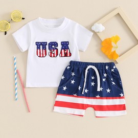 ZyHwShine Baby Boy 4th of July Outfit Stars Stripes USA Short Sleeve T Shirts Shorts Set Fourth of July Toddler Outfit (American Flag-White, 12-18 Months)