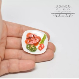 SMA 1:12 Dollhouse Miniature Steak with Sides in Plate/ Miniature Food/HMN 1002