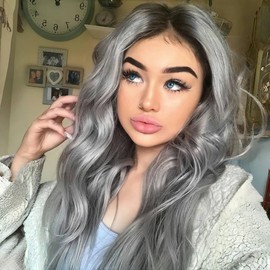 FENJUN HAIR Ombre Gray Body Wave Lace Front Wigs with Dark Roots Long Wavy Grey Blonde Synthetic Wigs for Women Middle Parting