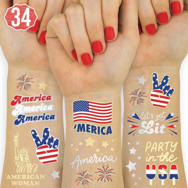 xo, Fetti Fourth of July Decorations Tattoos - 34 styles | Red White and Blue Party Supplies, 4th of July, USA Flag, Memorial Day, Independence Day, Labor Day