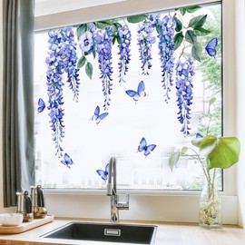 Colorful Butterfly Floral Bouquet Window Sticker, Removable Double-Sided Floral Decal，for Bedroom Living Room TV Office Decor Home Decoration (Blue Butterfly Floral Window Stickers)