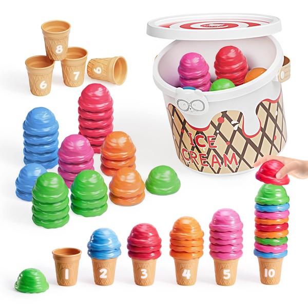 JoyCat Ice Cream Counting and Color Sorting Set for Toddlers and Kids- 65 Pieces, Montessori Stacking Fine Motor Skills Toys, Math Manipulatives Learning Toys with Storage Tub
