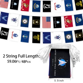 CTW Home Collection 48 Flags USA Military Flags Banner Set All Branches Bunting Flags for Memorial Day,Veterans Day Decorations,59.06Feet 2 String