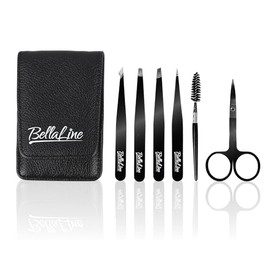 Tweezers Set - Professional Eyebrow Tweezers Set with Scissors & Brush - 6-Piece Precision Set with Case - For Eyebrows, Hairs & Splitters (Black)