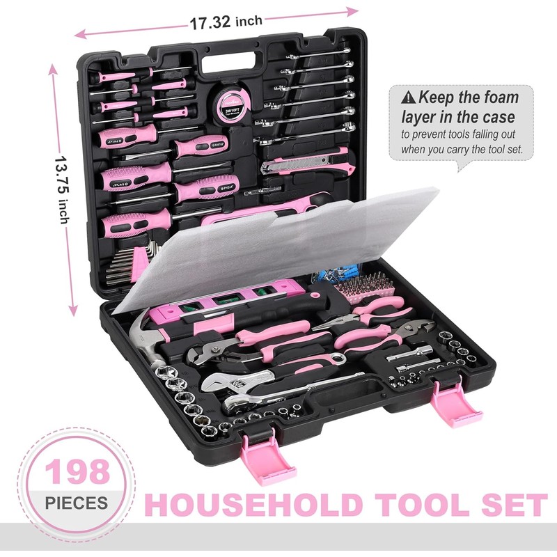 FASTPRO 198-Piece Pink Tool Set, Household Repairing Tool Set with