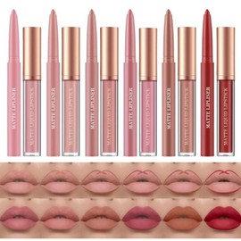 Land 12Pcs Matte Liquid Lipstick + Lip Liner Pens Set, One Step Lips Makeup Kits Pigment Velvety Nude Lip Stain Waterproof Long Wear Lip Gloss Make up Gift Set (Set A) - Color: Set C
