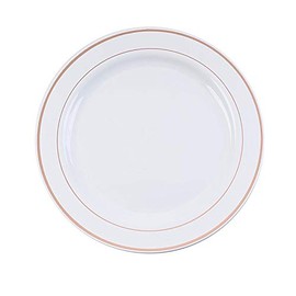 Balsa Circle 20 pcs 10-Inch White with Rose Gold Trim Plastic Round Plates - Disposable Wedding Party Reception Catering Tableware