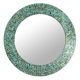 NOVICA Light Green Glass Mosaic Wood Frame Wall Mounted Mirror, Turquoise Sunset'
