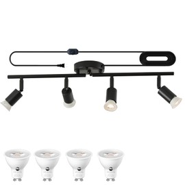 Dimmable 4 Light Black Plug in Track Light White Plug in Ceiling Lighting Fixture with 16.4' Long Cord,4 Way Ceiling Spotlight,Rotatable Wall Mount Light Head,LED dimmable Spot Bulbs Included