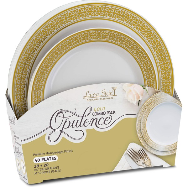 Laura Stein Designer Dinnerware Set of 40 Premium Plastic Wedding/Party Plates: White, Gold Rim. Set Includes 20 10.75" Dinner Plates & 20 7.5” Salad Plates | Opulence Series