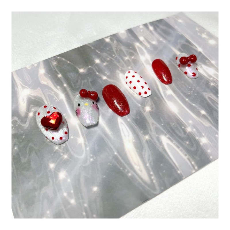 Magnetic Red Cat Nail Tips - Coffin Egg / 자석