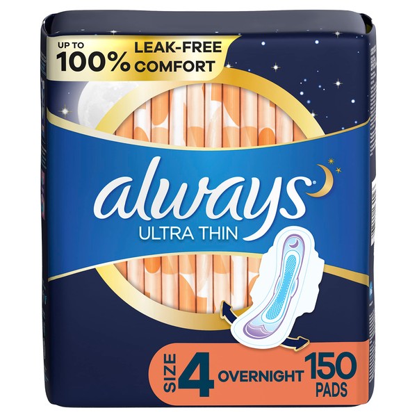 Always Ultra Thin Feminine Pads For Women, Size 4 Overnight Absorbency, Multipack, With Wings, Unscented, 50 Count (Pack of 3), Total 150 Count