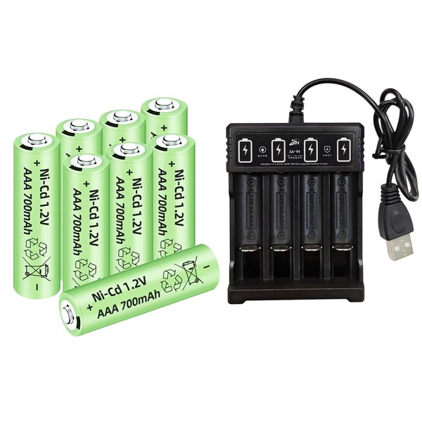 AMZZN - 8 baterías recargables Ni-Cd AAA de 1,2 V 700 mAh con cargador de 4 ranuras para luces de jardín, luces solares al aire última intervensión, calculadoras, juguetes para niños, despertador, linternas (8 unidades AAA batería + cargador)