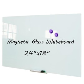 DEVELOP Magnetic Glass Whiteboard, 24 x 18 Inches (60 x 45 cm), Small Tempered Glass Dry Erase Board for Wall, Frameless Whiteboards with Marker Tray, 4 Markers, 2 Magnets, 1 Eraser