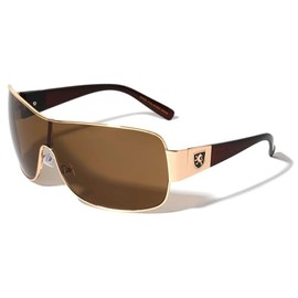 Dweebzilla Sport One Piece Shield Lens Aviator Wrap Around Sunglasses (Brown Amber & Gold Frame - Solid Brown Lens)