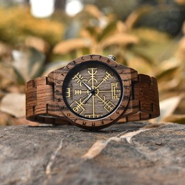BOBO BIRD Handmade Wooden Mens Watch Unique Runic Circle Watches Golden Symbol of Vegvisir Watches Lightweight Fashion Quartz Wristwatch (Brown)