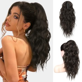 FLUFYMOOZ Ponytail Extension, Ponytail Extension, 46 cm Claw Clip, Ponytail Extension, Wavy Curly Claw Clip in Ponytail Hair Extensions (Black Brown)