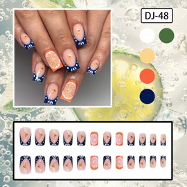 Press on Square Nails Medium Length Glossy Full Cover Acrylic French False Nails with Orange Designs Artificial Square Shaped Fake Nails Glue ons Nails Stick on Fingernails for Women Girls