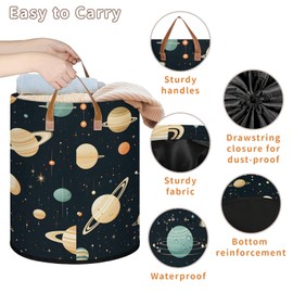Black Planet Large Laundry Hamper Basket with Lid, Round Collapsible Storage Organizer Bin for Kids Room, Boys, Nursery, Bedroom, Playroom, Toys, Dirty Clothes, 16"W x 20"H