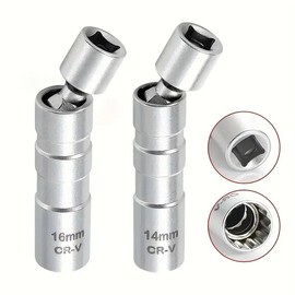 2Pcs Magnetic Swivel Spark Plug Socket Set 14mm & 16mm 3/8-Inch Drive Thin Wall CR-V Steel 12-Point Universal Joint Socket for Easy Spark Plug Removal and Engine Repair