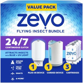 Zevo MAX Bug Catcher & Fly Trap for Indoors - Flying Insect Trap for Gnats, House & Fruit Flies - Use in Any Room - No-Mess Disposal (2 Plug in Bases & 3 Cartridges)