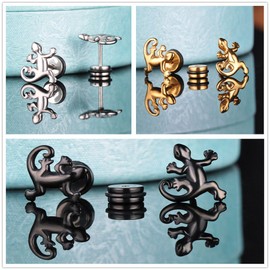 Yumilok Stainless Steel Gecko Lizard Stud Earrings Piercing Earrings Hypoallergenic Earrings for Men and Women 3 Pairs (Black, Silver, Gold), Stainless Steel, No Gemstone