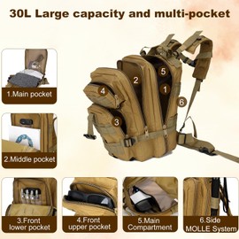Tactical Backpack - 30L/40L Military Tactical Backpack 3 Day Assault Pack Molle Bugout Bag Camping Rucksack Backpack, Khaki, 30L