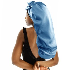 greatremy - Gorro de Trenzas para Dormir, Extragrande, para Cabello Largo, Trenzas, Bufanda, Gorra, Doble Capa, satén Sedoso con Banda de Corbata, para Mujer, Color Azul