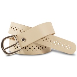 SCAMODA Women's Genuine Leather Belt with Hole Pattern, Silver Belt Buckle - Made in Germany, cream