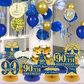 9Pcs Blue 90th Birthday Decorations Navy Blue Gold 90th Honeycomb Centerpieces for Table Decor, Happy 90th Birthday Decorations for Men Women Anniversary Party Favors Supplies Event Cheer to 90 Years