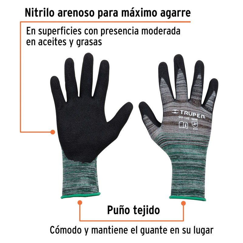 Truper GU-132, Guantes de nylon recubierto de nitrilo, máximo agarre,