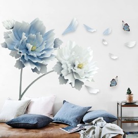 COVPAW® Wall Sticker XXL Peony Blue Flowers Wall Sticker Mural Pictures Living Room Bedroom Decoration