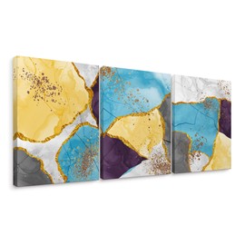 Niwo ART - Yellow Purple Blue, 3-piece Abstract Canvas Wall Art Home Decor, Gallery Wrapped, Stretched, Framed Ready to Hang (24"x16"x1.5")