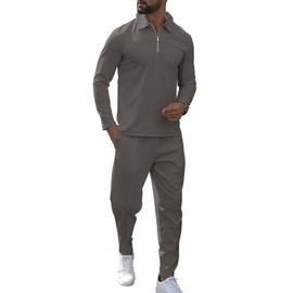 KUYIGO Men's Tracksuits Long Sleeve 2 Piece Set Quarter Zip Polo Business Outfits Waffle Pullover Tracksuit Sweatshirt and Joggers Casual Tracksuits for men XXL Grey