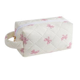 HHQQWZ Makeup Bag Travel Cosmetic Bag for Women, Zipper Make Up Pouch, Floral Flowers Toiletry Organizer Makeup with Handle, Cosmetic Travel Cloth Bag (Pink Bow Tie)