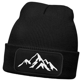 Neverless® Men's Beanie Winter Hat with Patch Mountains Nature Outdoor Print Knitted Hat Ribbed Knit, black