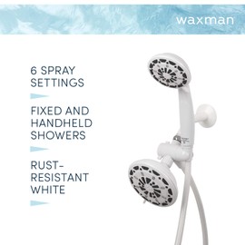 Waxman Serene Premium Fixed Shower Head with Handheld Attachment and 6 Spray Settings, White (1 Pack)
