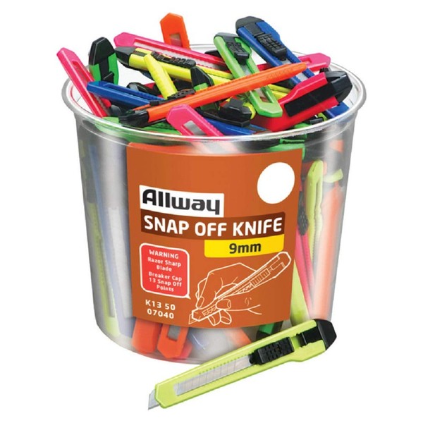 Allway Tools 13-POINT 9MM Snap Off Knife, 50/Bucket, Neon, Bagged