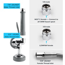CWM Spray Valve with 45" Flexible Stainless Steel Hose, Pre Rinse Sprayer Assembly for Commercial Kitchen Faucet