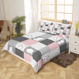 Homewish Cute Elephant Duvet Cover for Boys,Girls Pink Grid Comforter Cover Full Size,Lovely Animals Bedding Set Kids Teen Room Decor Bed Cover,Wavy Stripes Bedclothes with Zipper