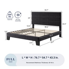 Allewie Full Size Platform Bed Frame with Velvet Upholstered Headboard and Wooden Slats Support, Fully Upholstered Mattress Foundation/No Box Spring Needed/Easy Assembly, Black