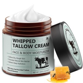 Beef Tallow for Skin, Tallow and Honey Balm (4.2 Oz), Tallow Face Moisturizer, Organic Grass Fed Whipped Beef Tallow with Honey Beeswax, Deeply Moisturizing for Face & Body, Unscented Fast Absorption