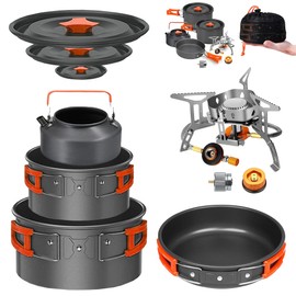 10 Pcs Smokey Camp Backpacking Cooking Set with Stove & Adapter - 2 Pots Large Medium 1 Kettle 1 Large Pan 1 Stove 2 Adpater, Compact Non-Stick Camping Cookware Mess Kit, All in One (with Kettle)