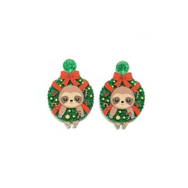 twinkle eye Cute Exaggerated Unique Cute Lazy Sloth Christmas Wreath Bow Earrings for Women Jewelry Gifts