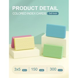 MIUTEM 300Pcs Flash Cards,3x5 (127x76mm) Ruled Index Cards,Revision Cards Coloured for Studying,Heavy Note Cards for Office, Home and School