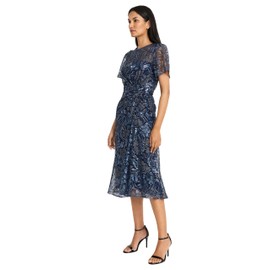 Maggy London Women's Elegant Short Sleeve Midi Textured Semi-Sheer Fabric-Sophisticated Cocktail Dress, Navy