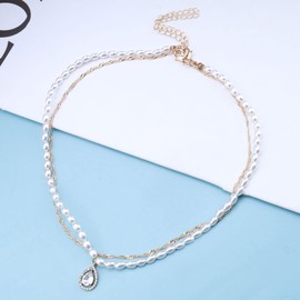 Erimberate Bohemian Layered Crystal Pendant Necklace Vintage Pearl Choker Necklace Teardrop Rhinestone Necklace Chain Water Wave Chain Necklace Gold Twist Chain Necklace Jewelry for Women and Girls