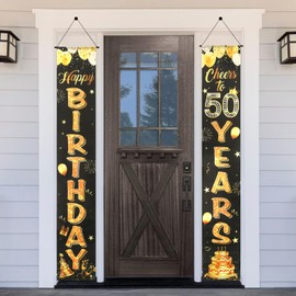 Decoration 50th Birthday Man Woman, Pack of 2 Happy Birthday Door Banner, Black Gold Banner 50th Birthday Man Woman, Birthday Banner Background, Party Decoration Birthday